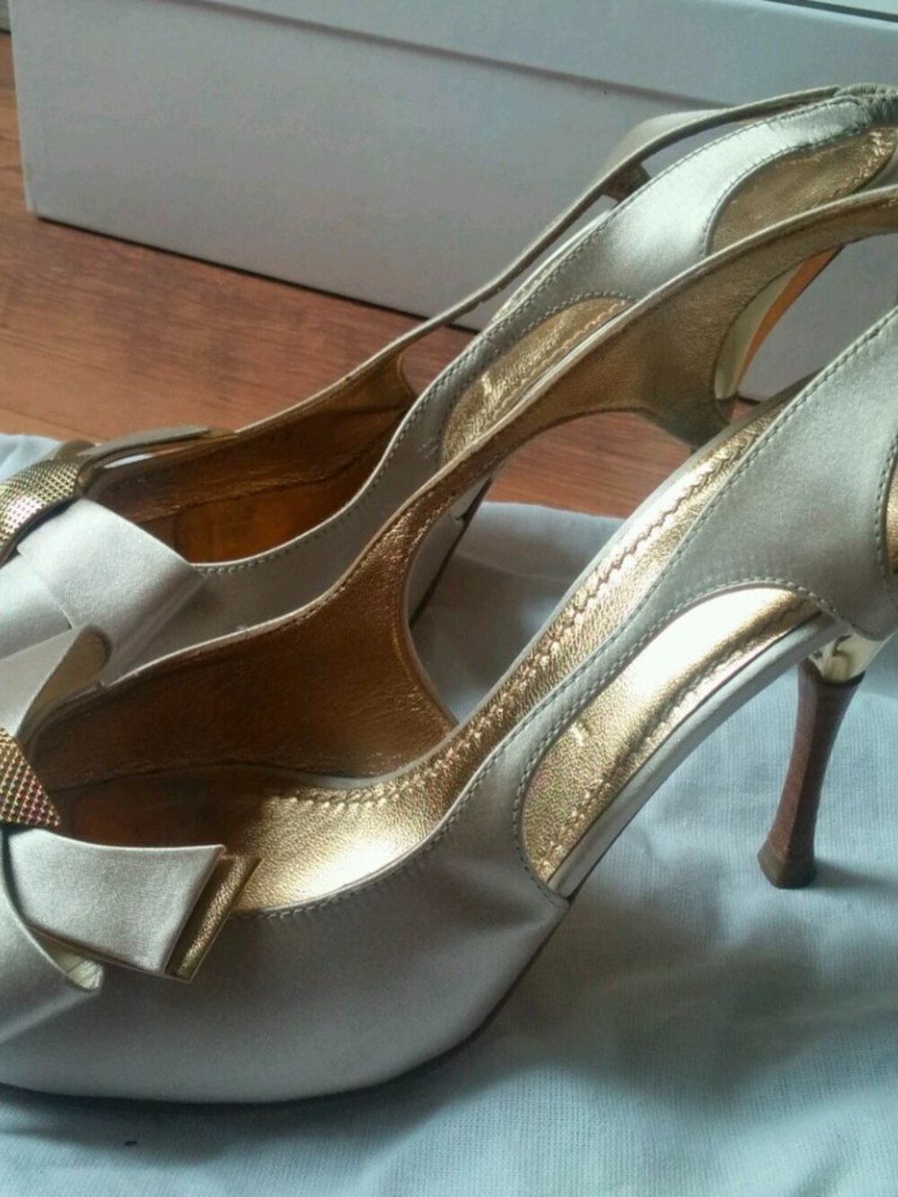 Casadei Leather Satin Peep toe Open Bow Slingback Heels - Picture 3 of 6